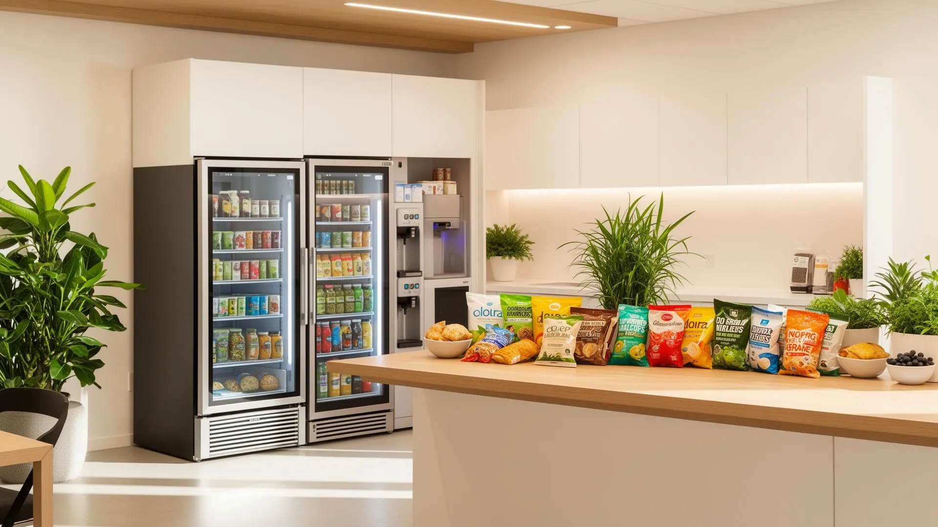 Moderner Büro-Pausenraum mit gesunden Verpflegungsoptionen